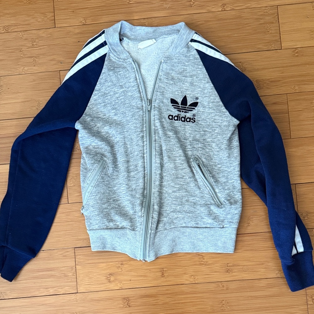 Adidas Heather Gray and Navy Track Jacket Vintage XS XXS